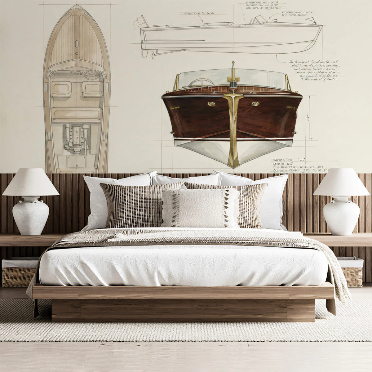 Vintage Boat Blueprint Mural Wallpaper — Nautical Technical Design Mural Wallpaper - room preview 03