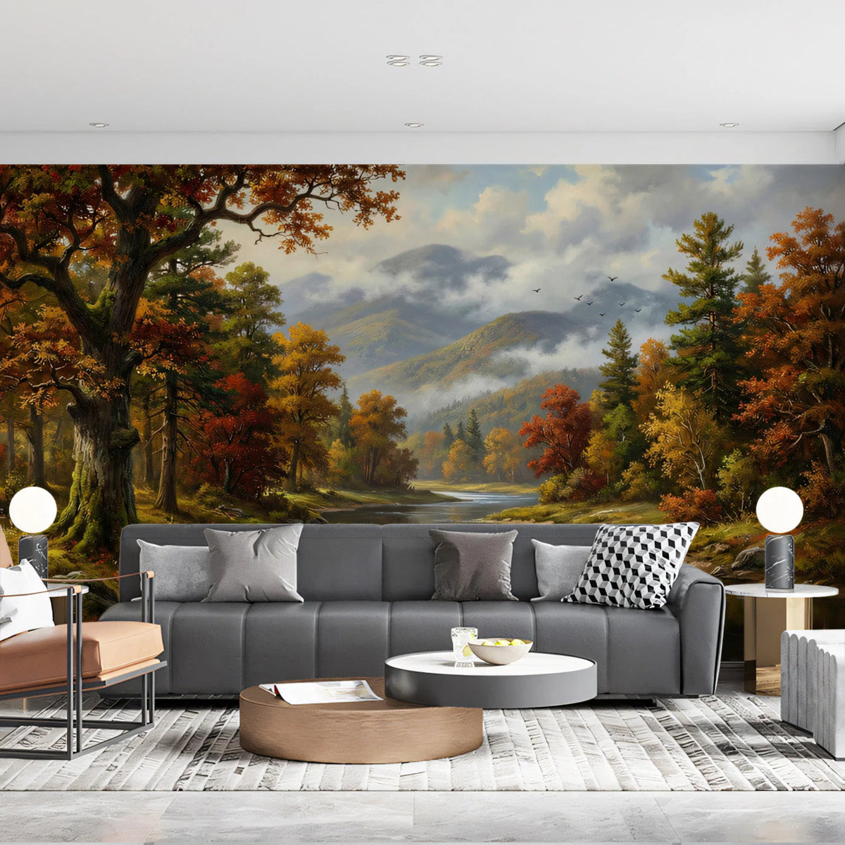 Autumn River Valley Landscape Mural Wallpaper — Impressionistic Scenery Mural Wallpaper - room preview 03