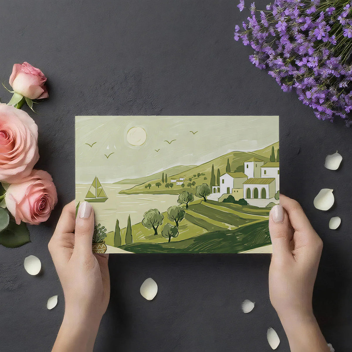 Mediterranean Coastline Mural Wallpaper in Sage and Olive Green Mural Wallpaper - room preview 03