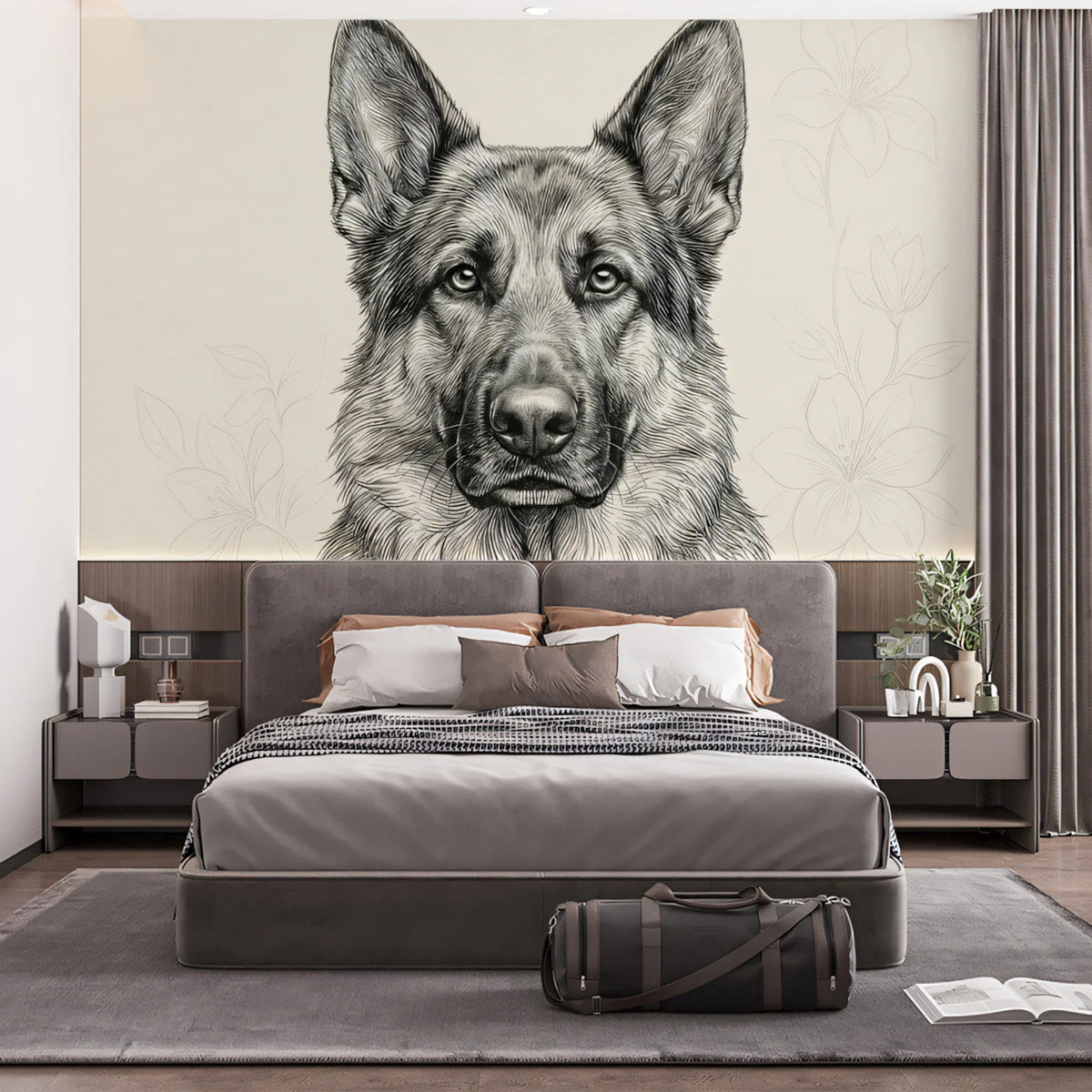 German Shepherd Portrait Mural Wallpaper — Fine Line Art Style Mural Wallpaper - room preview 03