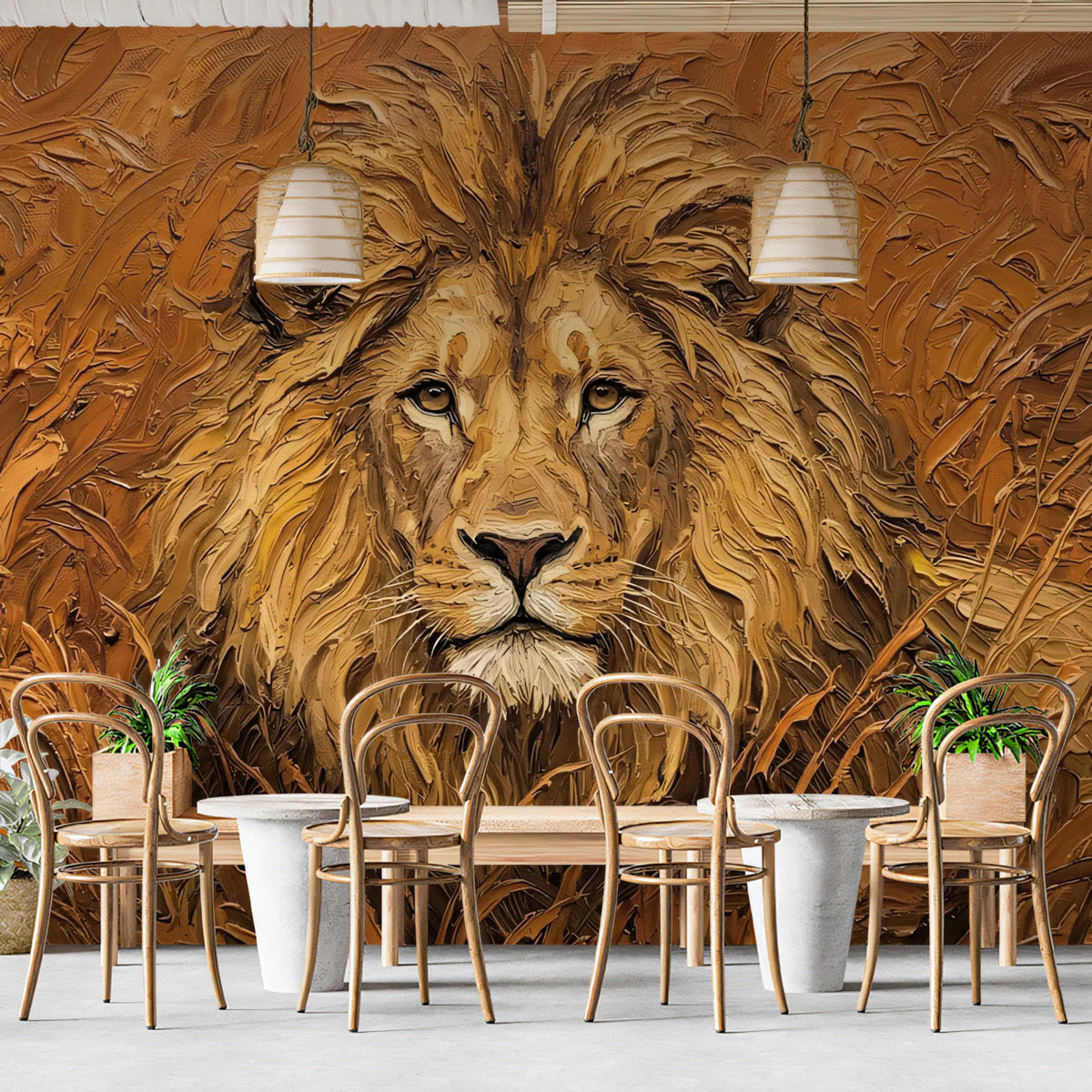 Lion Portrait Mural Wallpaper — Impasto Oil Painting Style Mural Wallpaper - room preview 03