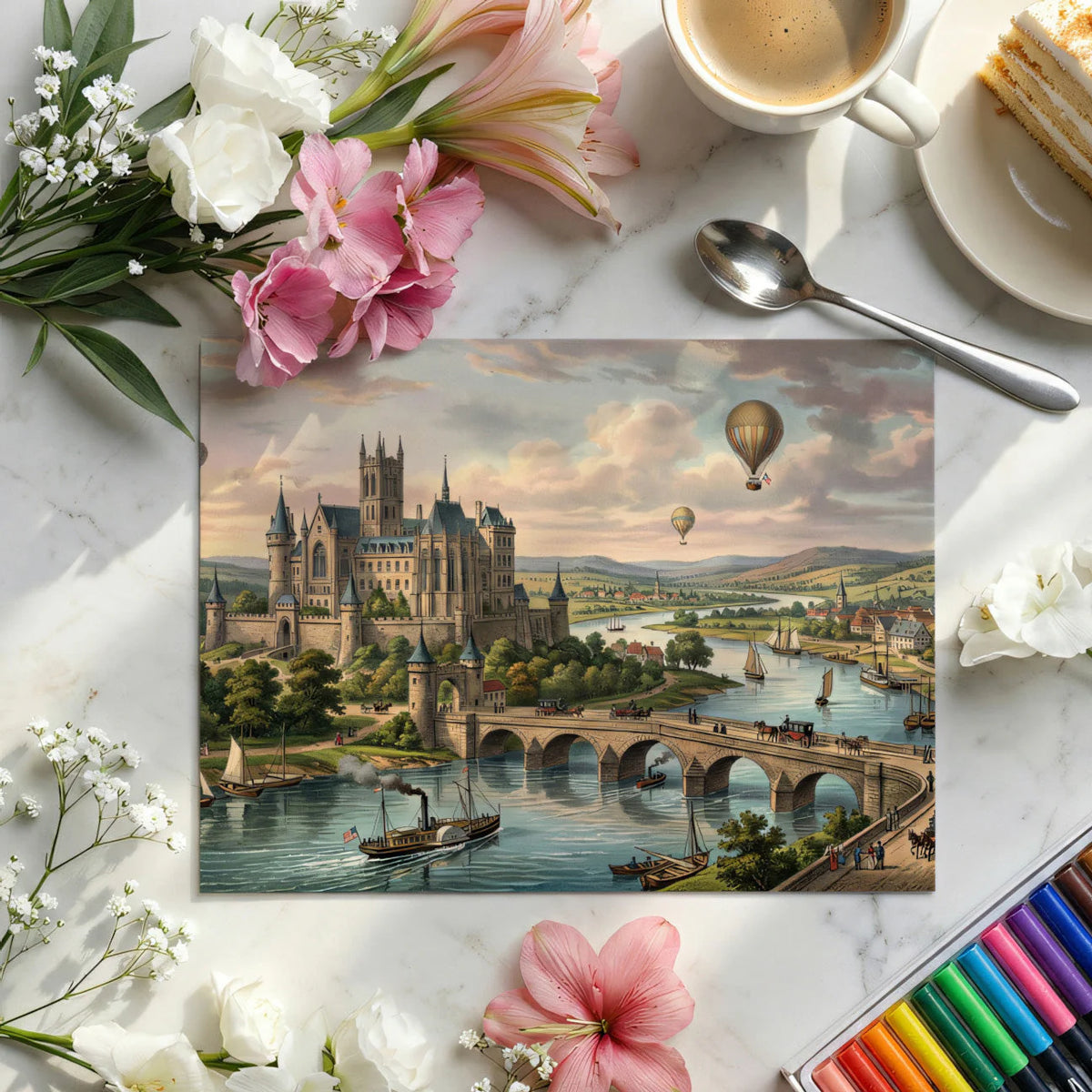 Gothic Castle Landscape Mural Wallpaper with Vintage Airships Mural Wallpaper - room preview 03