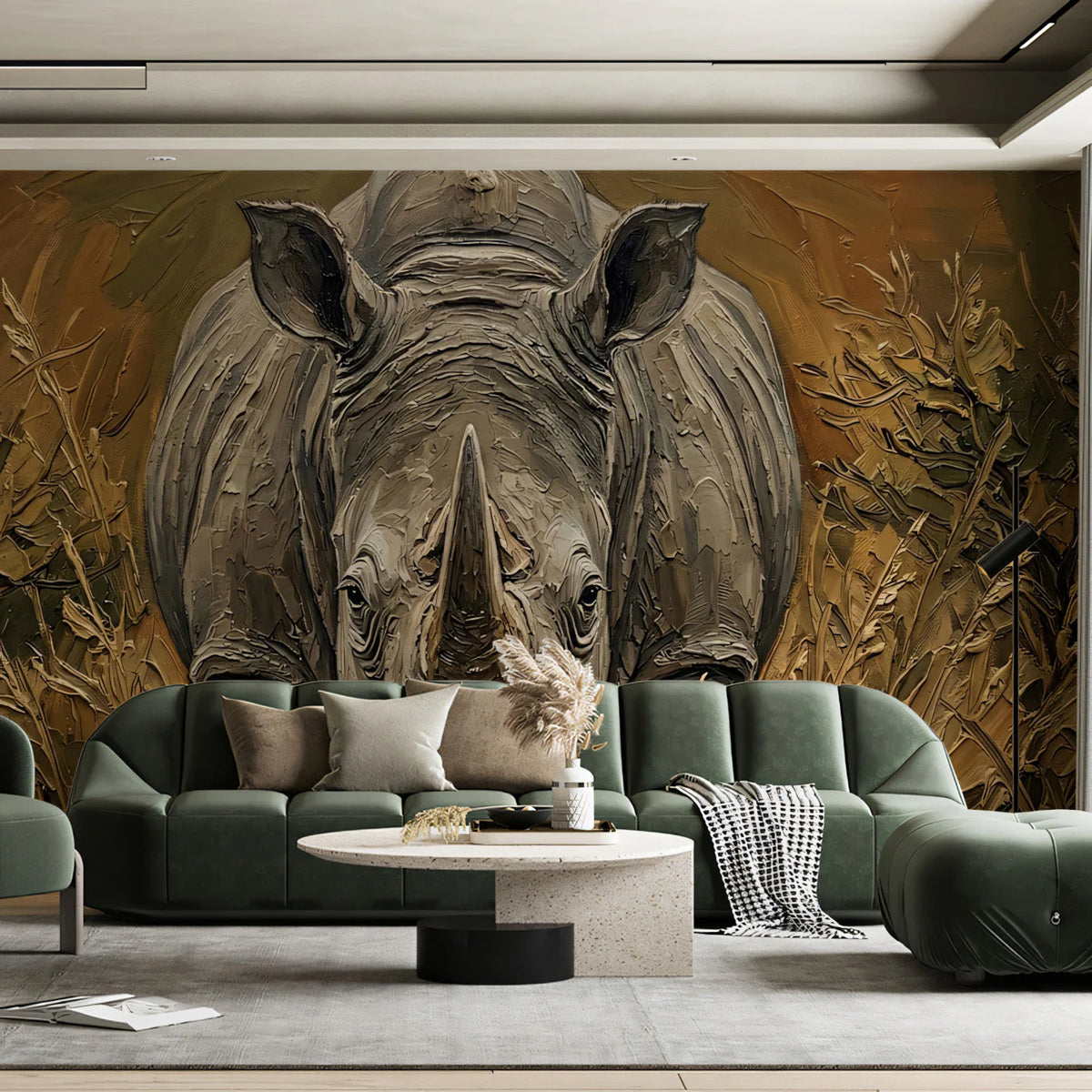 Rhino Portrait Oil Painting Mural Wallpaper — Textured Safari Art Mural Wallpaper - room preview 03