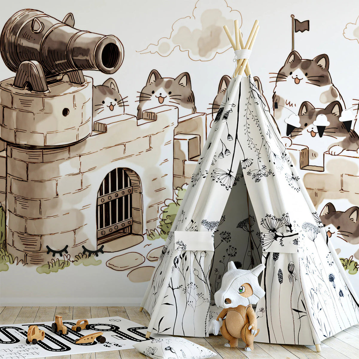 Cat Siege Castle Mural Wallpaper — Whimsical Illustration Mural Wallpaper - room preview 03