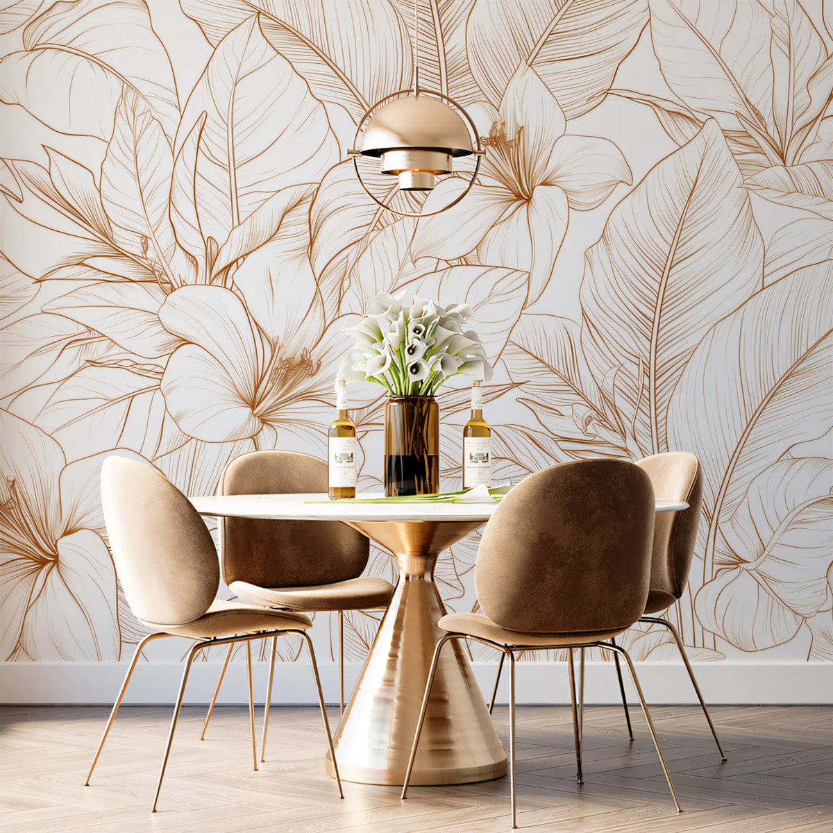 Golden Botanical Line Art Mural Wallpaper in Minimalist Style Mural Wallpaper - room preview 03