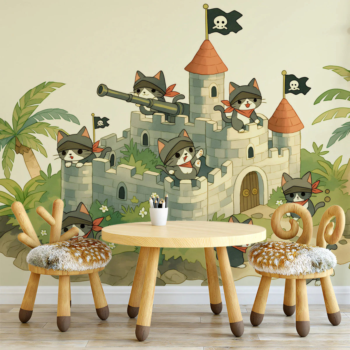 Cat Pirate Fortress Mural Wallpaper — Playful Whimsical Design Mural Wallpaper - room preview 03