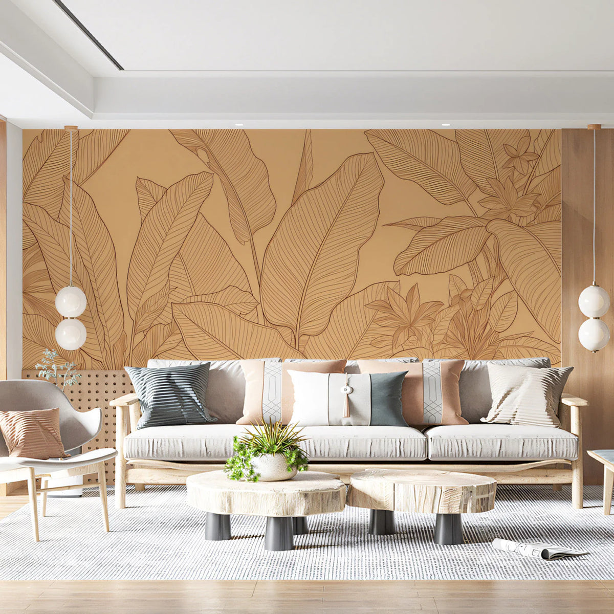 Monochromatic Botanical Line Art Mural Wallpaper — Warm Ochre Mural Wallpaper - room preview 03