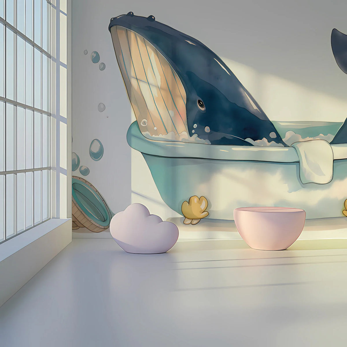 Whale in the Bathtub Mural Wallpaper — Playful Nautical Design Mural Wallpaper - room preview 03