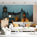 Gothic Cathedral Night Mural Wallpaper — Architectural Oil Painting Mural Wallpaper - room preview 03