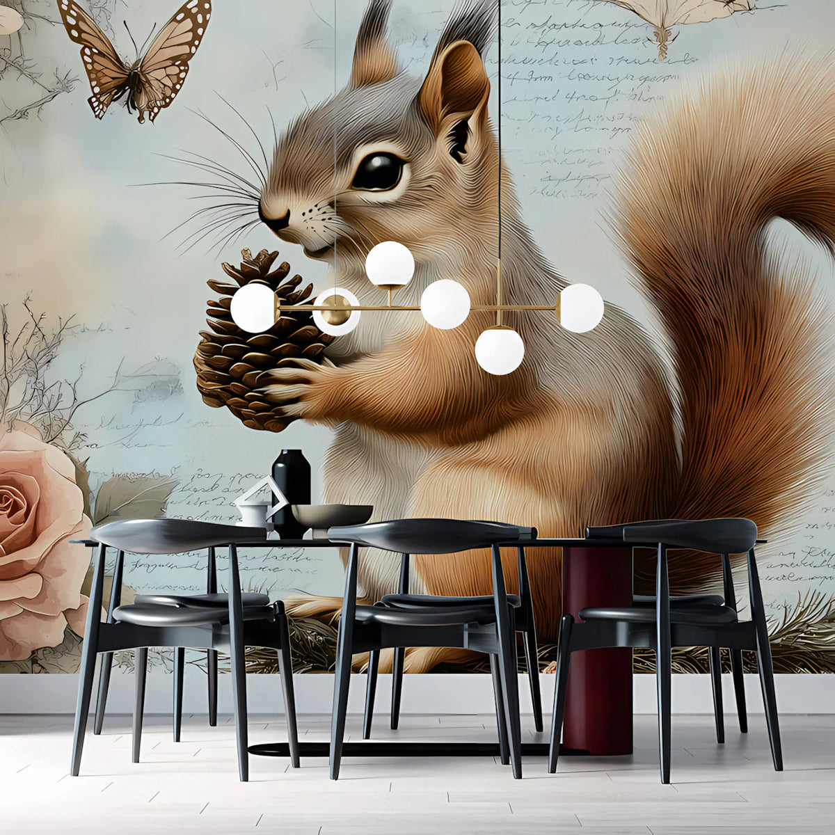 Vintage Squirrel and Rose Botanical Mural Wallpaper - room preview 03