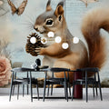 Vintage Squirrel and Rose Botanical Mural Wallpaper - room preview 03