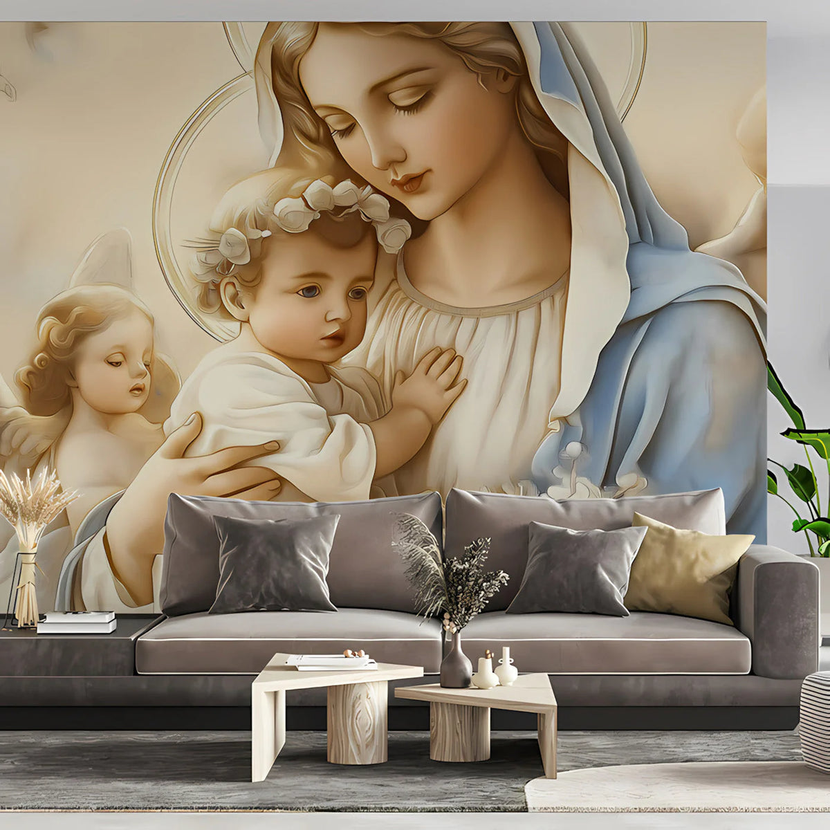 Madonna and Cherubs Oil Painting Mural Wallpaper - room preview 03