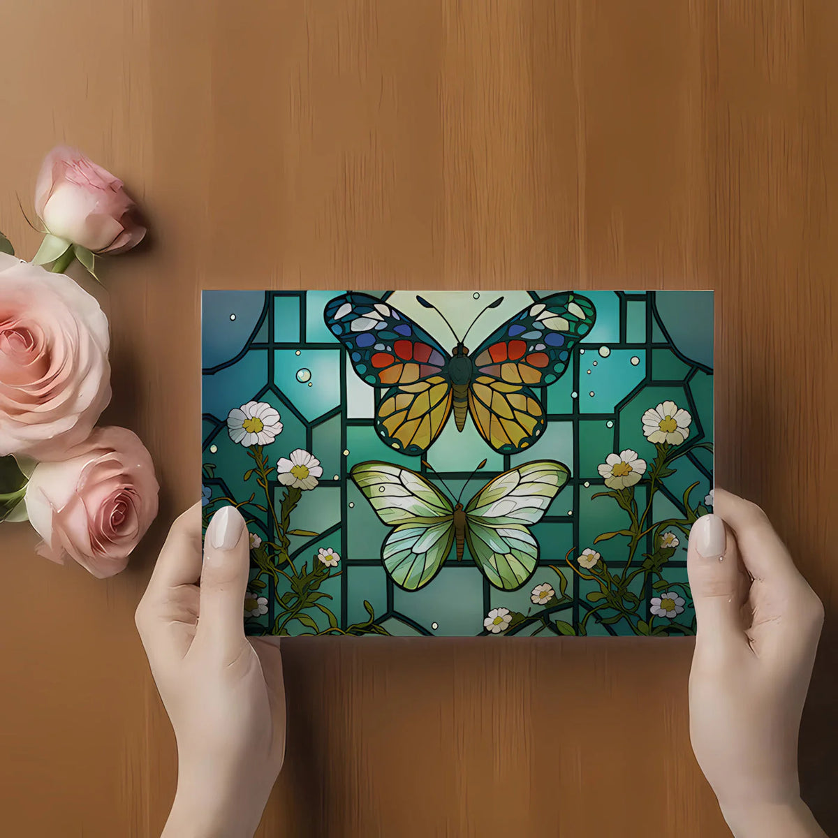 Stained Glass Butterfly Mural Wallpaper — Vibrant Botanical Art Mural Wallpaper - room preview 03