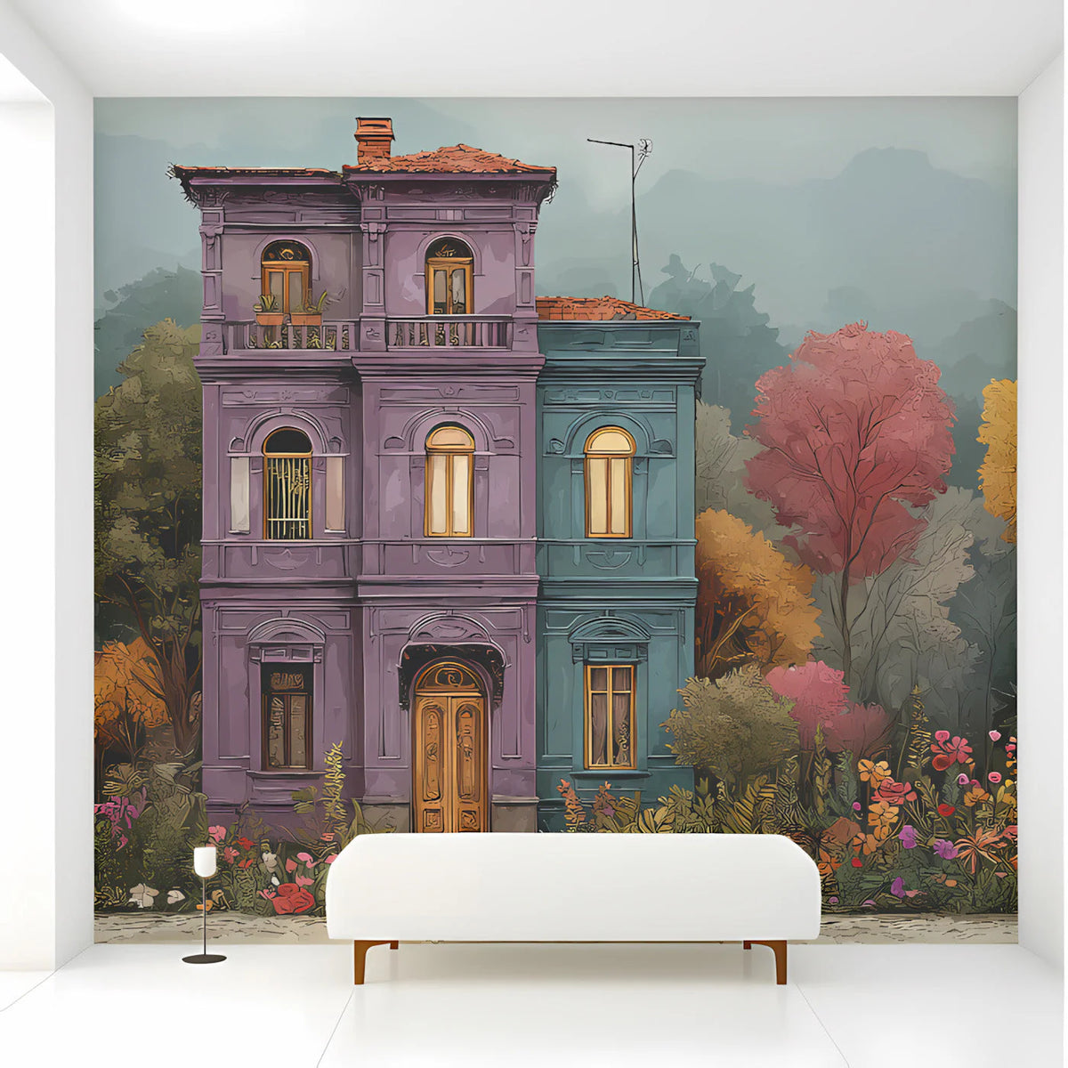 Townhouse Garden Mural Wallpaper —Whimsical Architectural Scene Mural Wallpaper - room preview 03