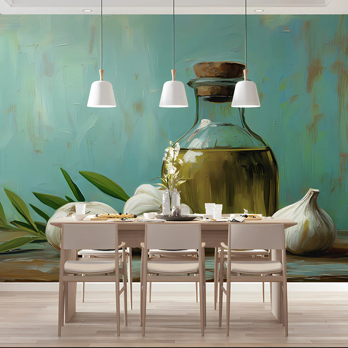 Rustic Olive Oil & Garlic Still Life Mural Wallpaper - room preview 03