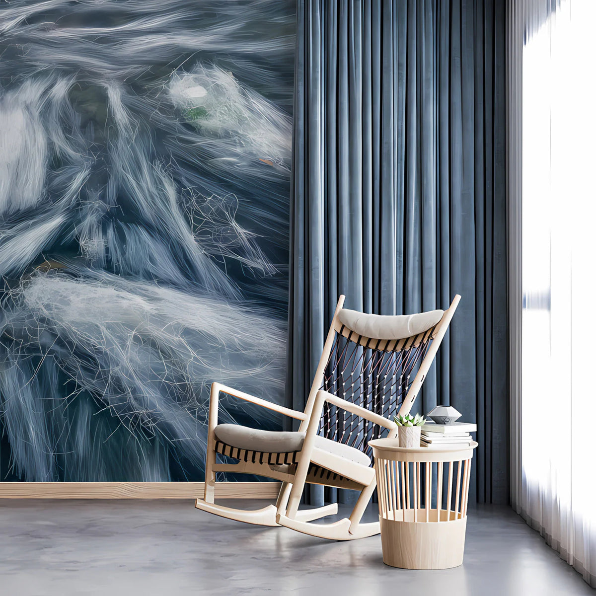 Abstract Flow Mural Wallpaper in Cool Slate and White Mural Wallpaper - room preview 03
