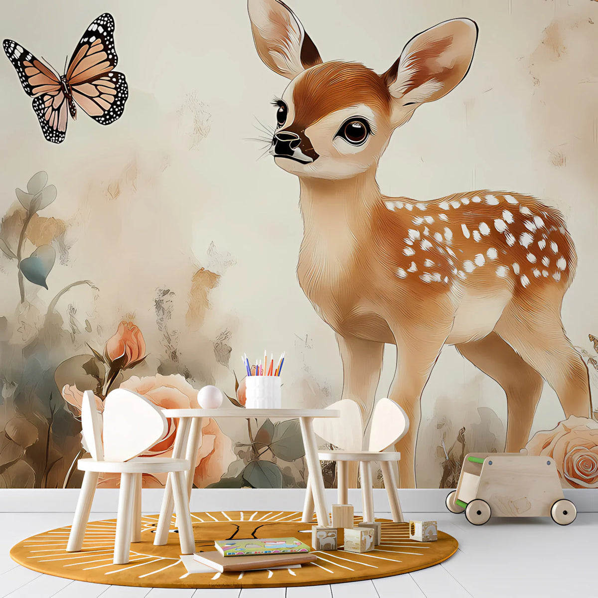 Fawn and Rose Garden Mural Wallpaper — Whimsical Nature Scene Mural Wallpaper - room preview 03
