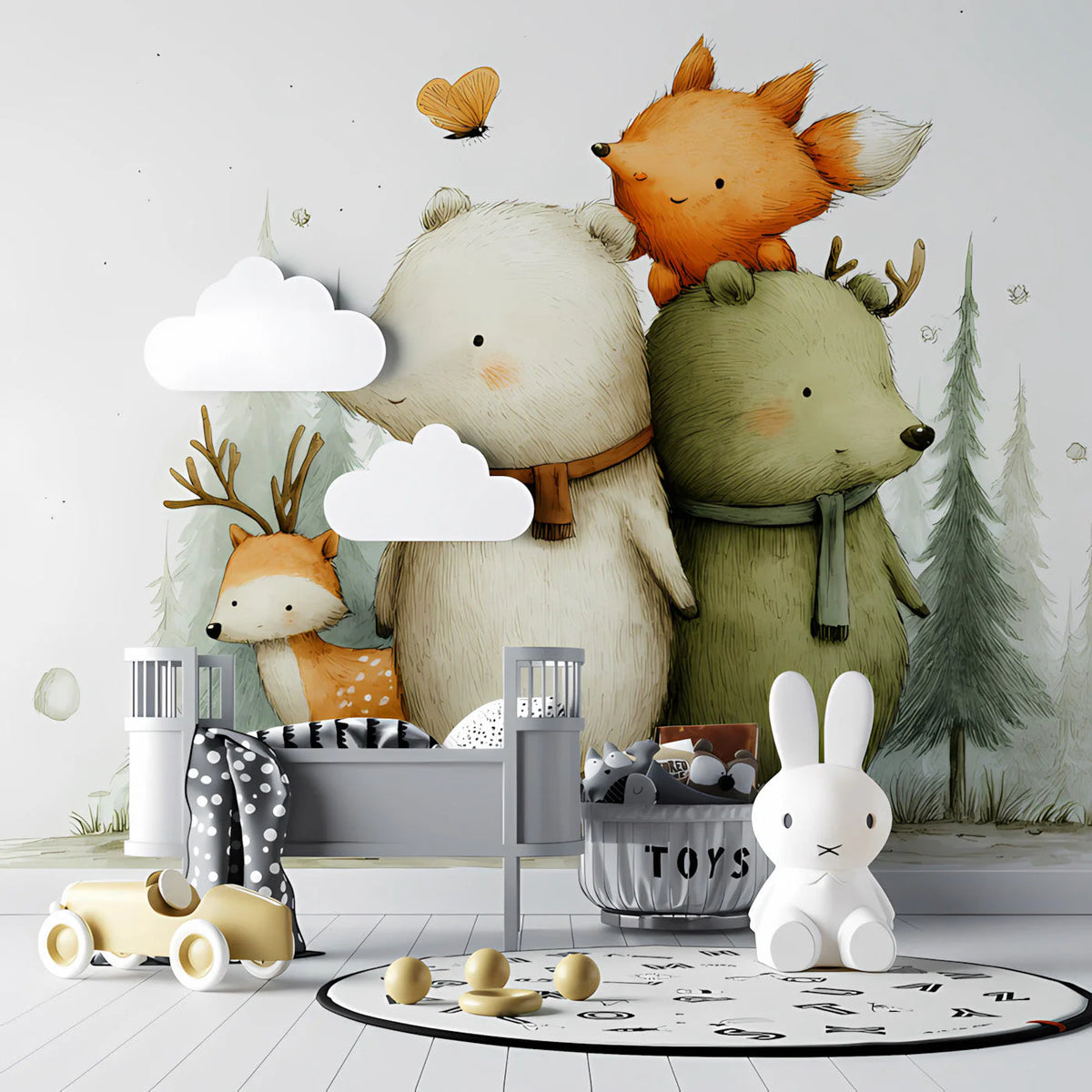 Forest Friends Whimsical Mural Wallpaper — Soft Woodland Illustration Mural Wallpaper - room preview 03