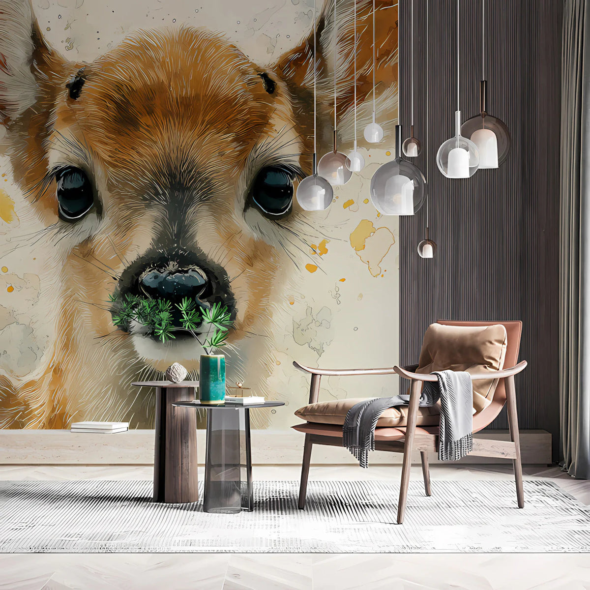 Fawn Portrait Mural Wallpaper — Watercolor Animal Wall Art Mural Wallpaper - room preview 03