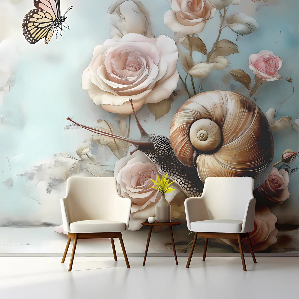 Snail and Rose Garden Mural Wallpaper — Whimsical Soft Aesthetic Mural Wallpaper - room preview 03