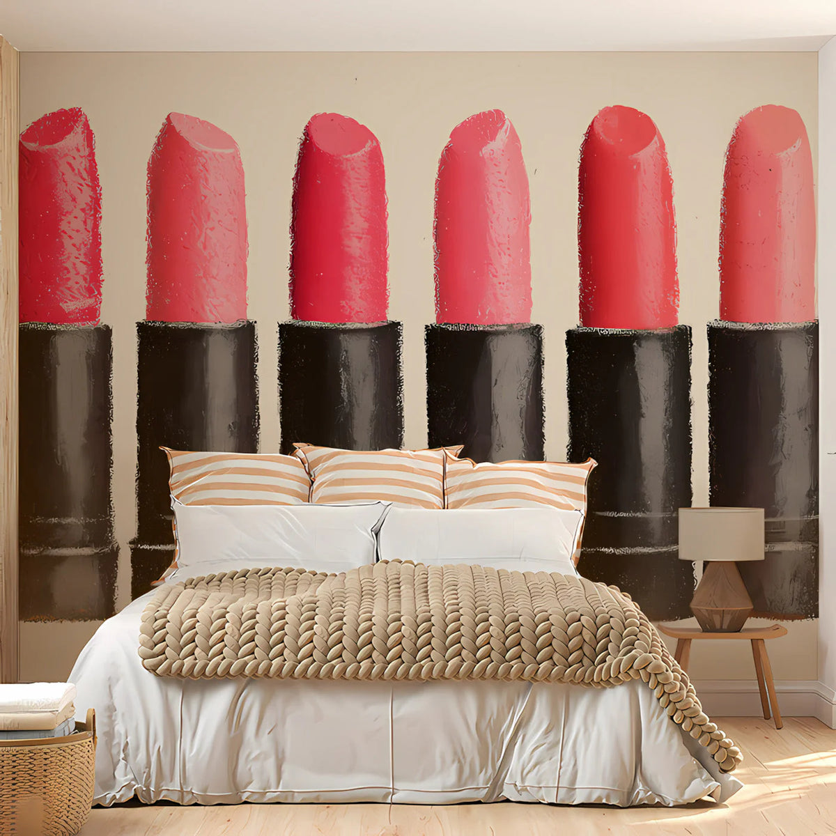 Cosmetic Lipstick Lineup Mural Wallpaper in Pink and Charcoal Mural Wallpaper - room preview 03