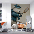 Tennis Playing Bear Mural Wallpaper — Whimsical Childhood Illustration Mural Wallpaper - room preview 03
