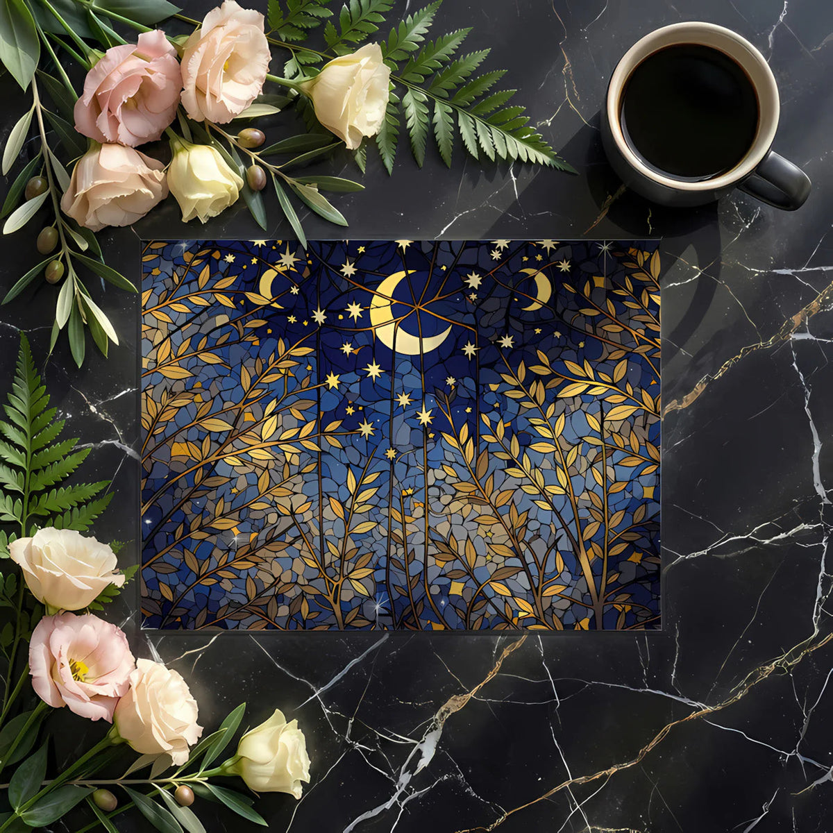 Stained Glass Night Forest Mural Wallpaper — Cosmic Botanical Mural Wallpaper - room preview 03