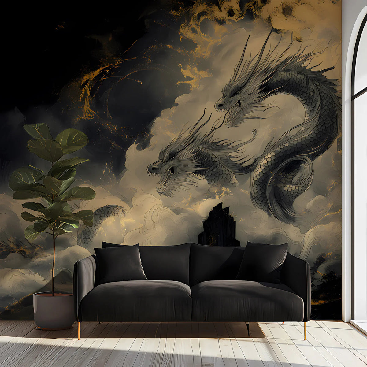 Celestial Dragon Cloud Mural Wallpaper — Gold and Charcoal Decor Mural Wallpaper - room preview 03