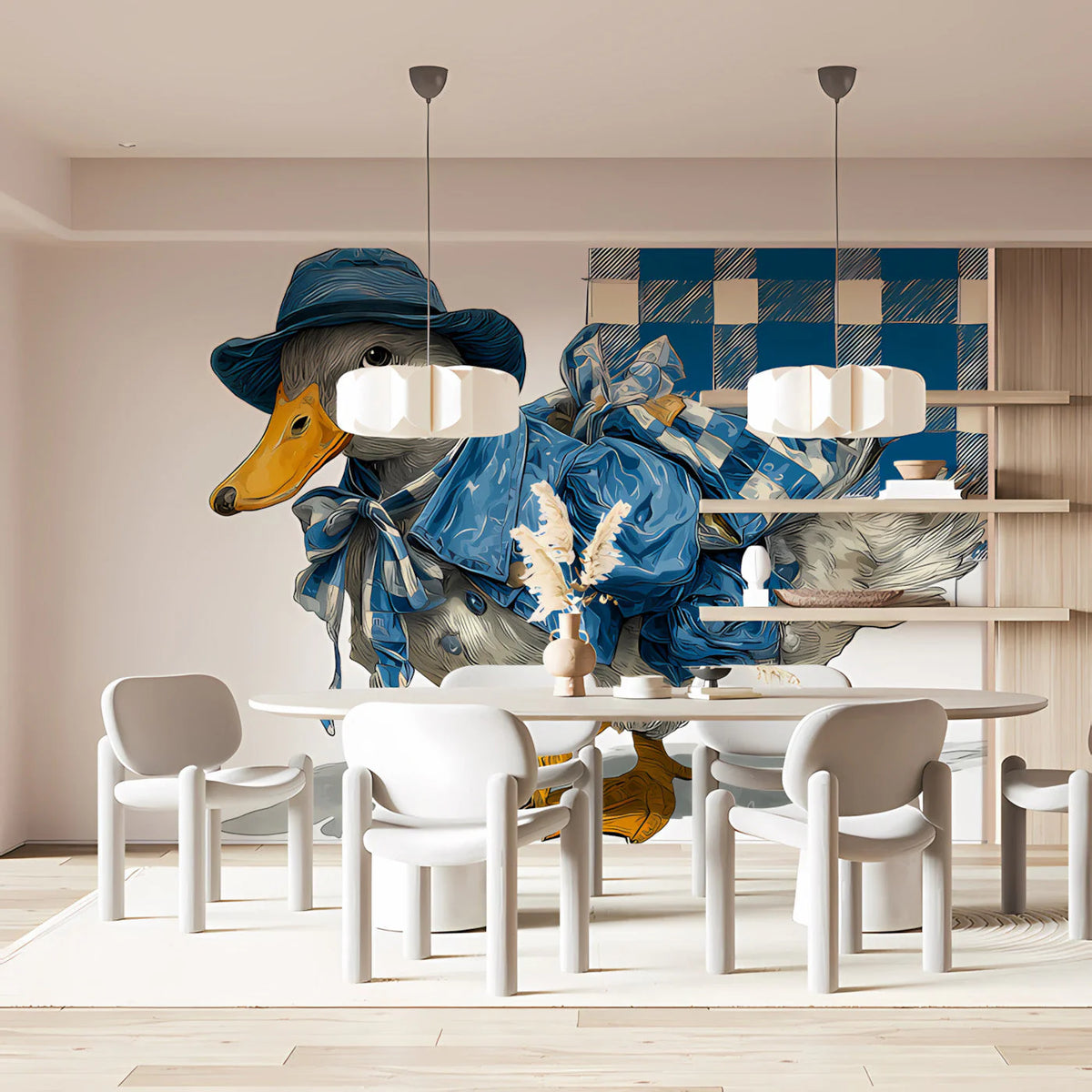 Dapper Traveler Duck Mural Wallpaper — Whimsical Blue Motif Mural Wallpaper - room preview 03