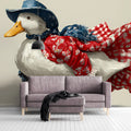 Dapper Duck Floral Gingham Mural Wallpaper — Whimsical Decor Mural Wallpaper - room preview 03