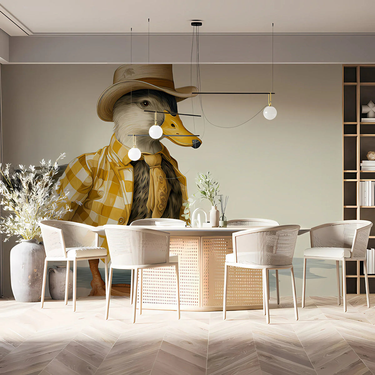 Dapper Duck Mural Wallpaper in Warm Ochre and Cream Mural Wallpaper - room preview 03