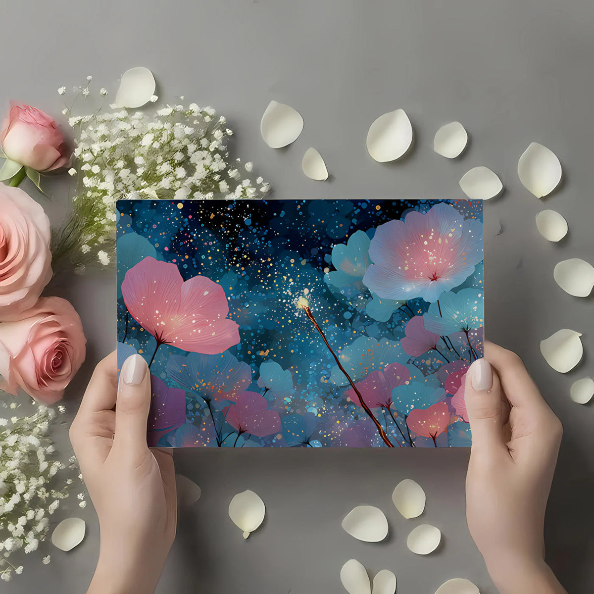 Cosmic Floral Fantasy Mural Wallpaper — Whimsical Night Garden Mural Wallpaper - room preview 03
