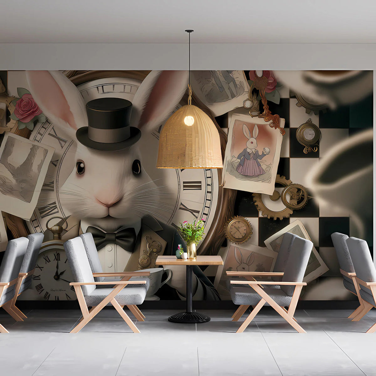 Whimsical White Rabbit Mural Wallpaper — Vintage Storybook Style Mural Wallpaper - room preview 03