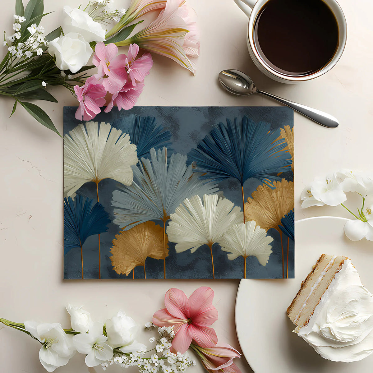 Ginkgo Leaf Plaster Mural Wallpaper — Navy and Gold Botanical Mural Wallpaper - room preview 03