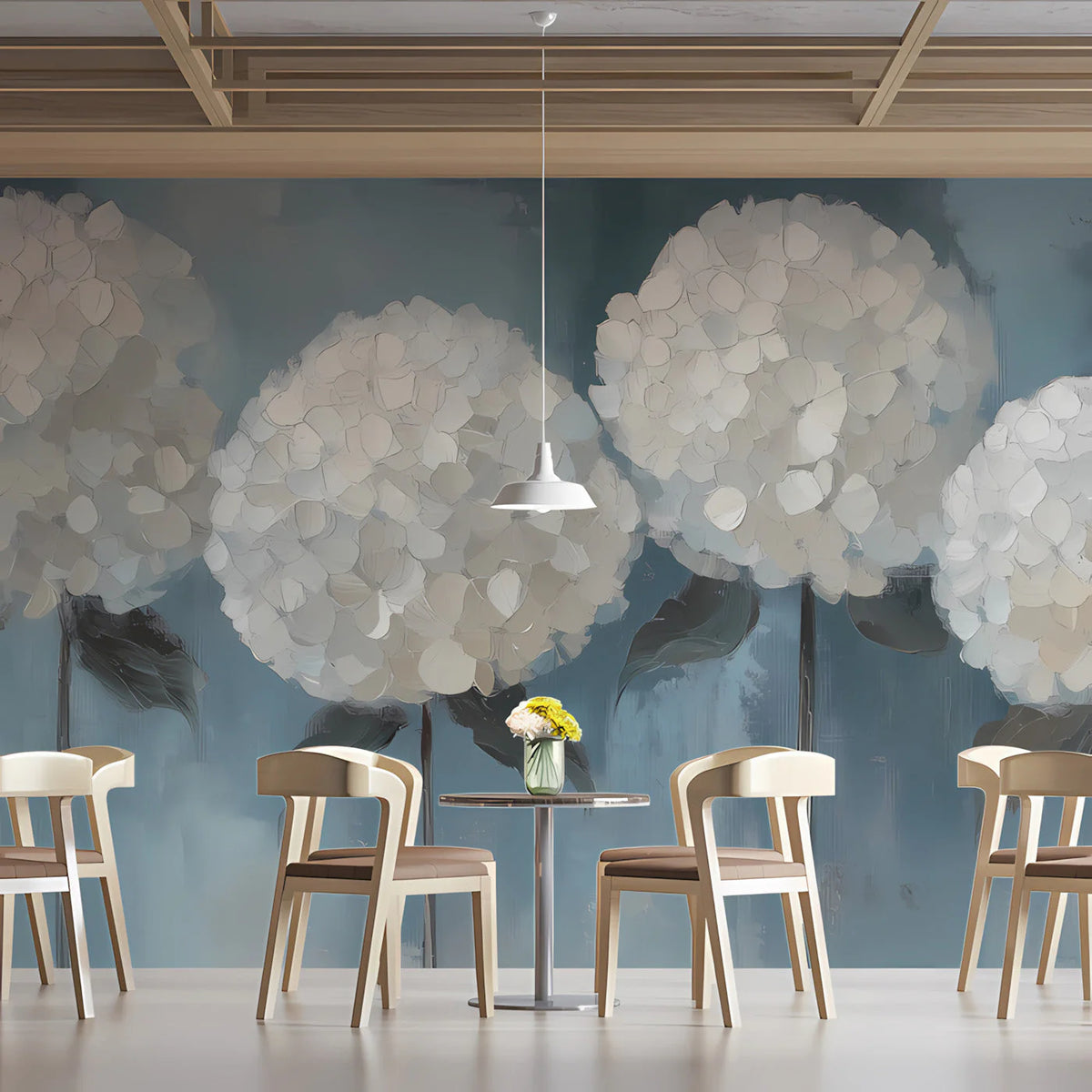 Hydrangea Bloom Mural Wallpaper in Muted Blue and Cream Mural Wallpaper - room preview 03