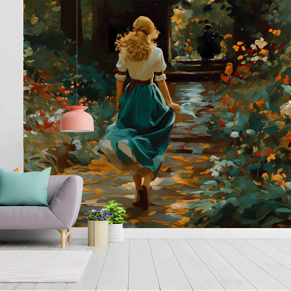 Garden Stroll Oil Painting Mural Wallpaper in Teal and Ochre Mural Wallpaper - room preview 03