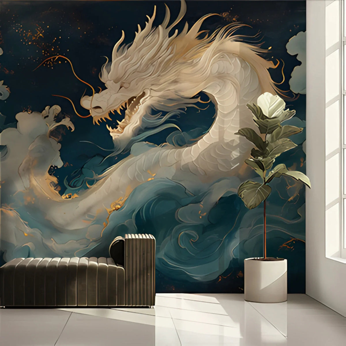 Celestial Dragon Mural Wallpaper in Deep Blue and Gold Mural Wallpaper - room preview 03