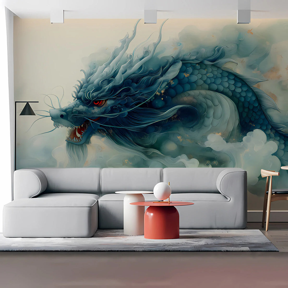 Ethereal Azure Dragon Mural Wallpaper — Mythical Artistic Design Mural Wallpaper - room preview 03