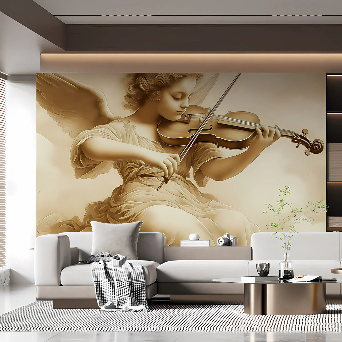 Violin Playing Angel Mural Wallpaper in Sepia Tones Mural Wallpaper - room preview 03