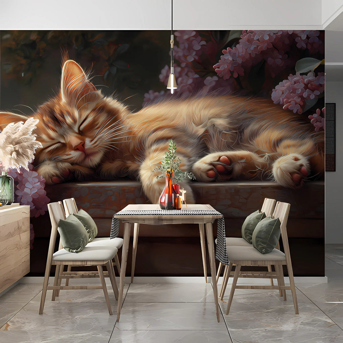 Sleeping Ginger Cat and Lilac Blooms Mural Wallpaper - room preview 03