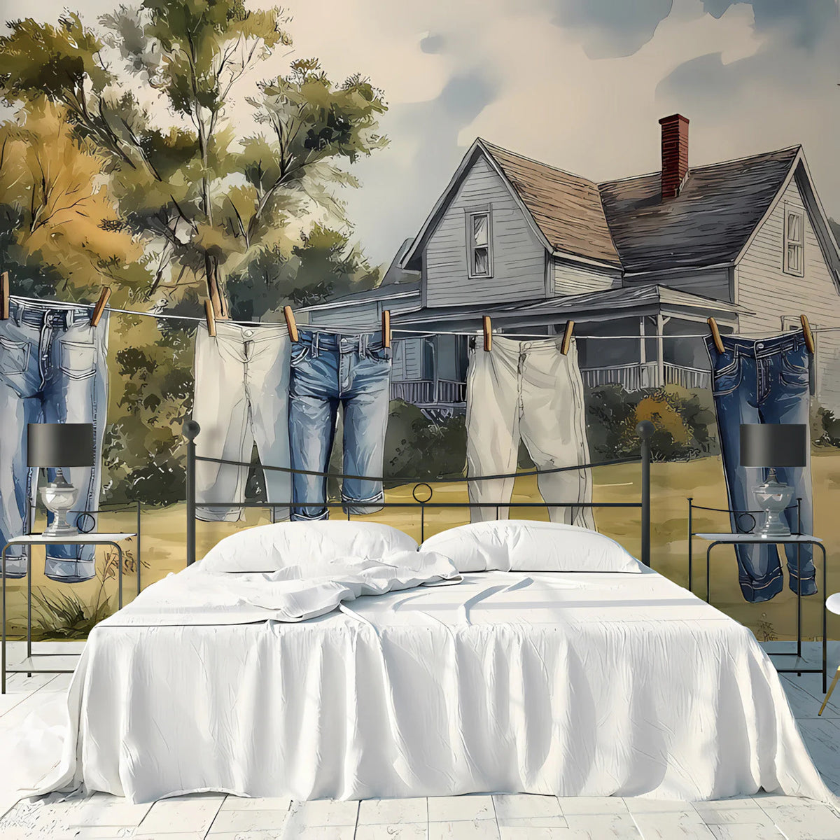 Countryside Laundry Mural Wallpaper — Artistic Rural Scene Mural Wallpaper - room preview 03