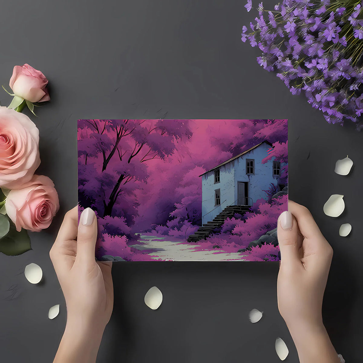Violet Forest Cottage Mural Wallpaper —Whimsical Painted Scene Mural Wallpaper - room preview 03