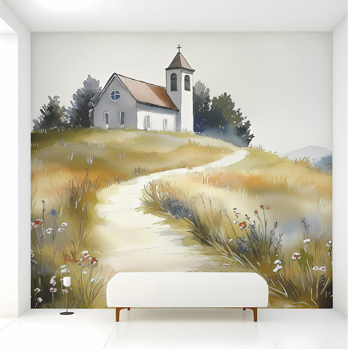 Country Chapel Watercolor Landscape Mural Wallpaper - room preview 03