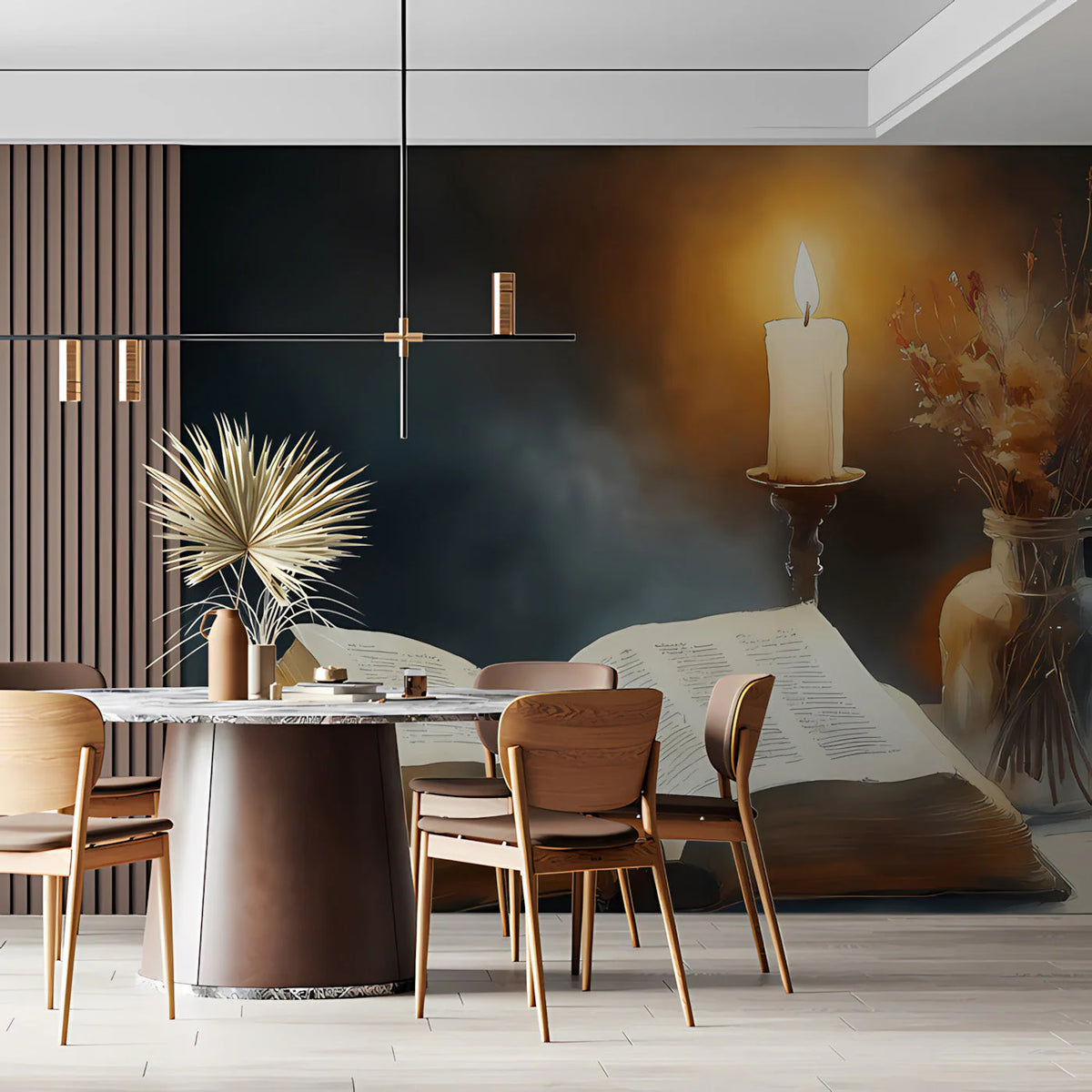 Candlelit Library Still Life Mural Wallpaper — Moody Academic Style Mural Wallpaper - room preview 03