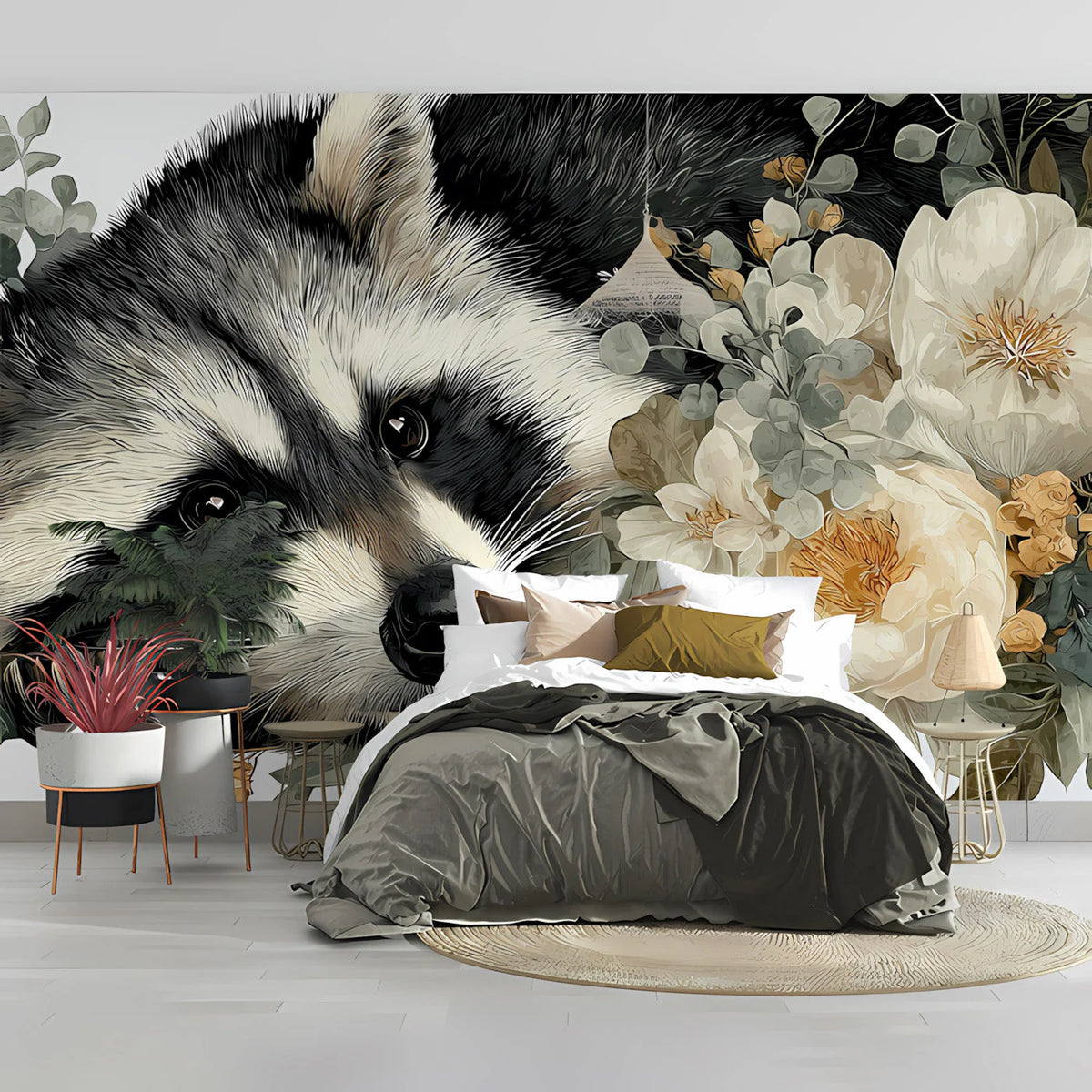 Resting Raccoon Floral Mural Wallpaper — Whimsical Nature Art Mural Wallpaper - room preview 03