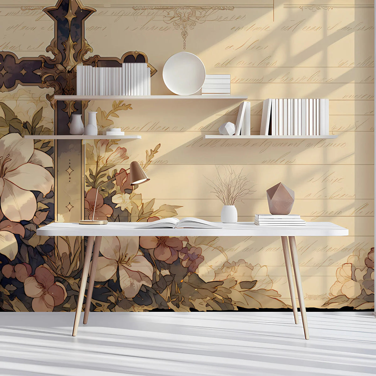Vintage Religious Cross and Floral Mural Wallpaper - room preview 03