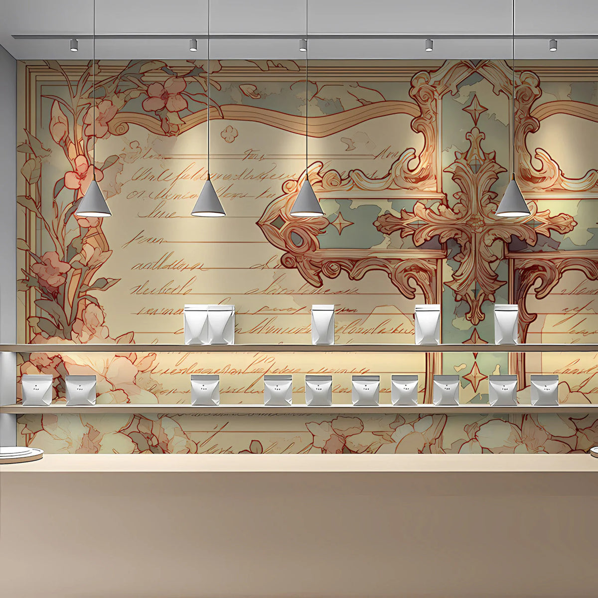 Baroque Script Cross Mural Wallpaper — Artistic Vintage Heritage Mural Wallpaper - room preview 03