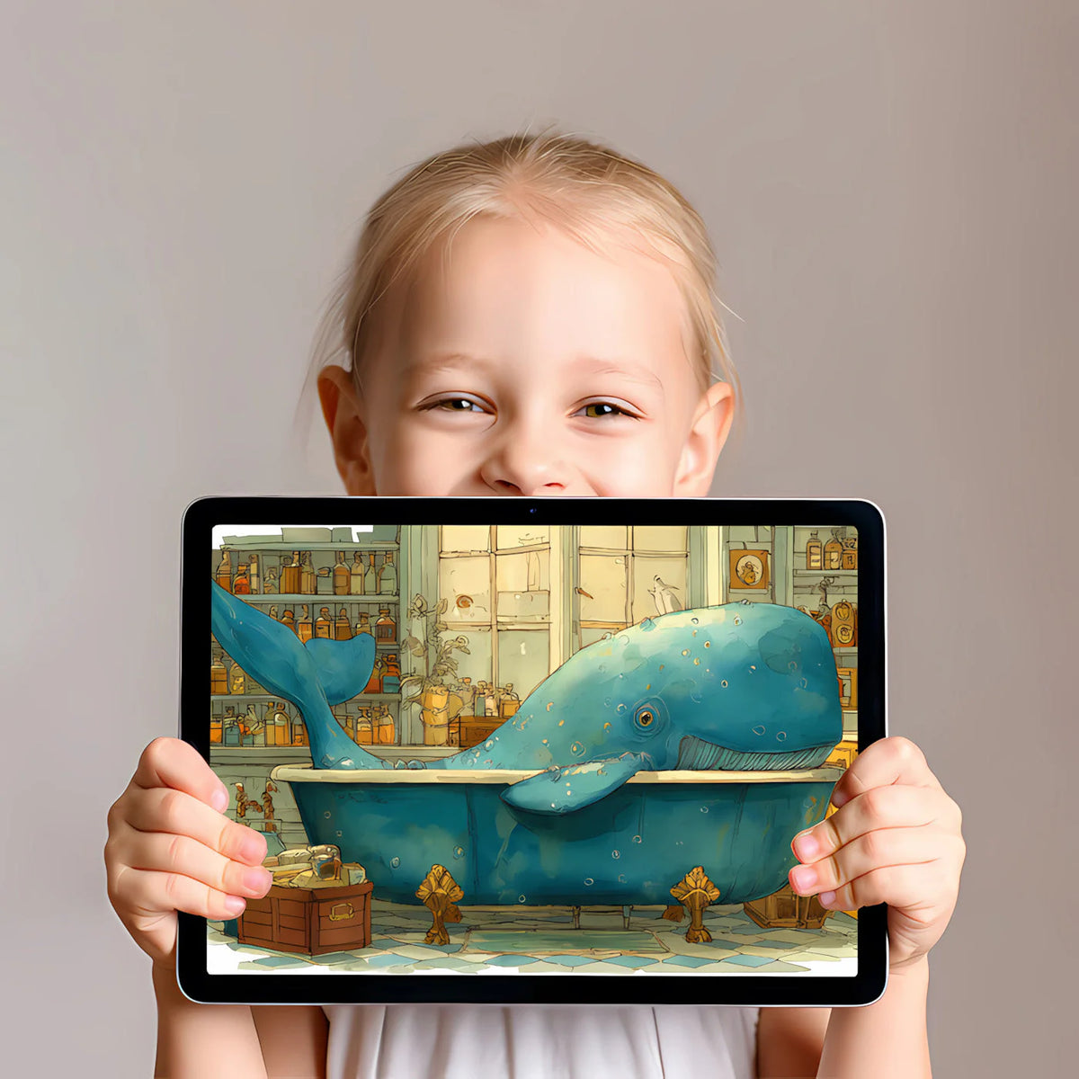 Whimsical Whale in Bathtub Mural Wallpaper — Artistic Illustration Mural Wallpaper - room preview 03