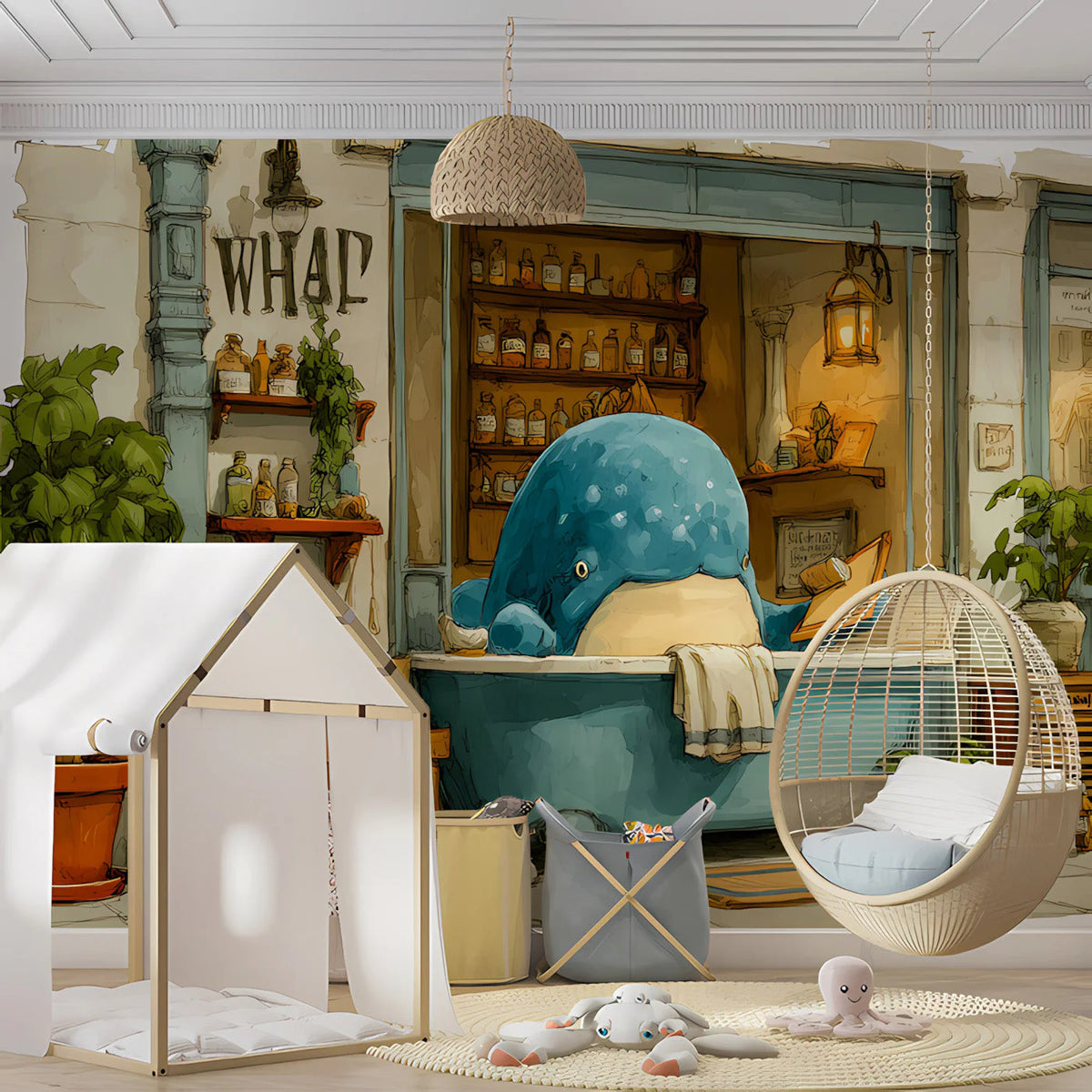 Whimsical Bathing Whale Mural Wallpaper — Storybook Illustration Mural Wallpaper - room preview 03