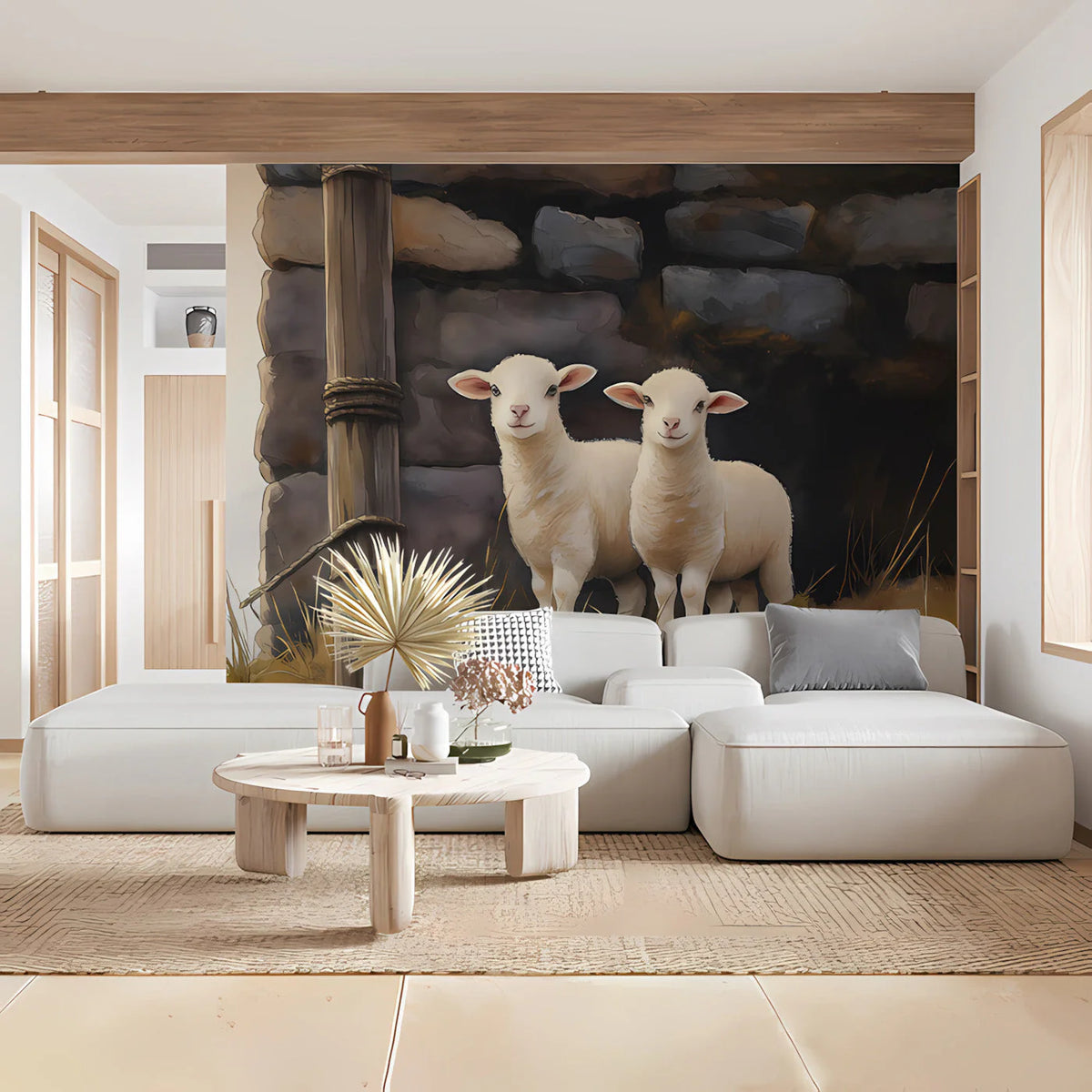 Rustic Lamb Farmhouse Mural Wallpaper —Pastoral Wall Art Mural Wallpaper - room preview 03